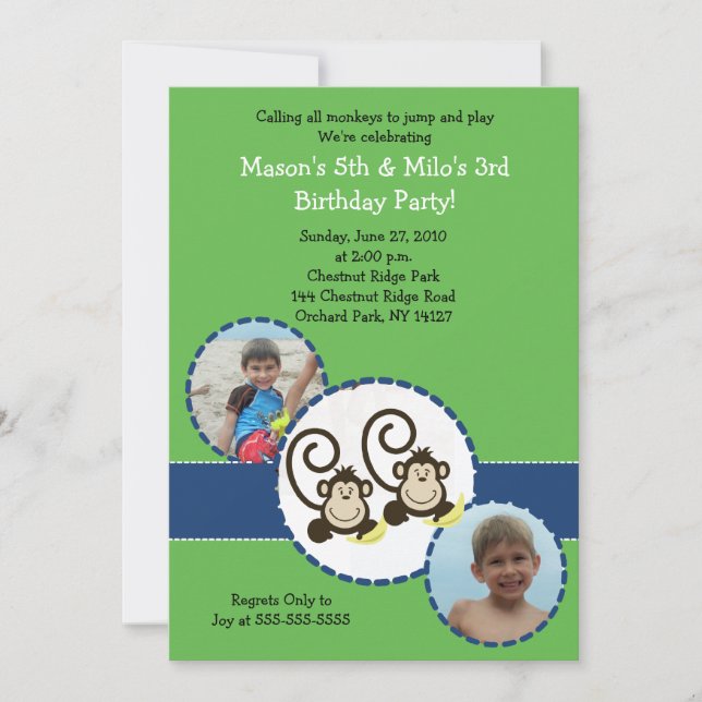 Tarjeta de Invitación de Cumpleaños Silly Monkey V (Anverso)