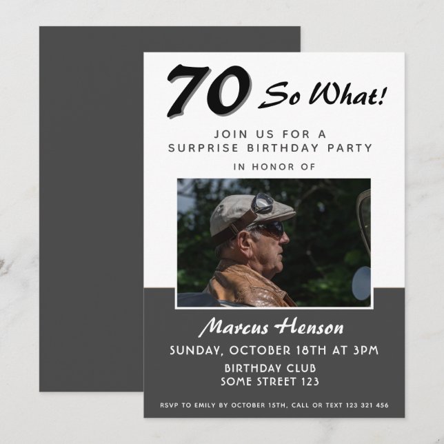 Tarjeta de invitación de cumpleaños sorpresa con f (Anverso / Reverso)