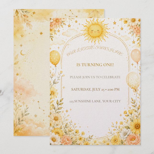 Tarjeta de Invitación de Cumpleaños Sunshine | Nue (Anverso / Reverso)