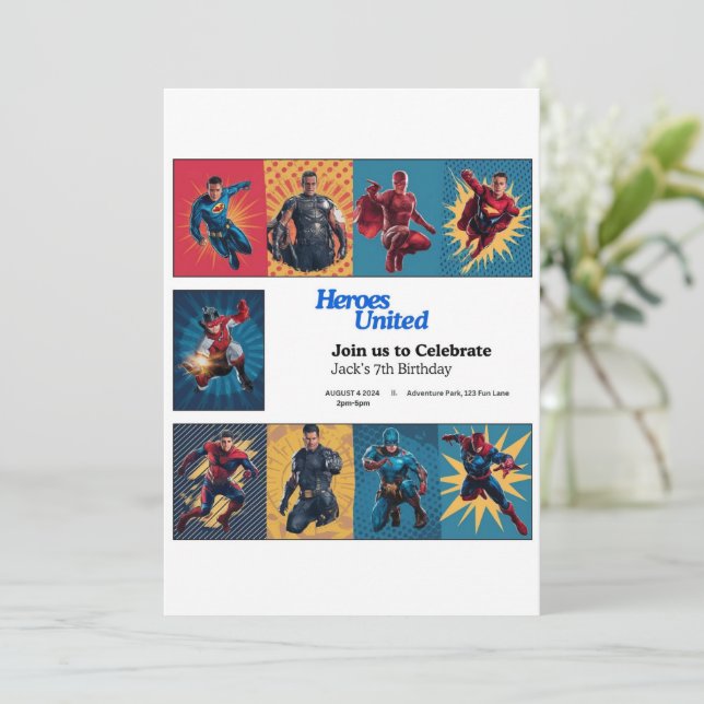 Tarjeta de invitación de cumpleaños Superhero Bash (Anverso de pie)