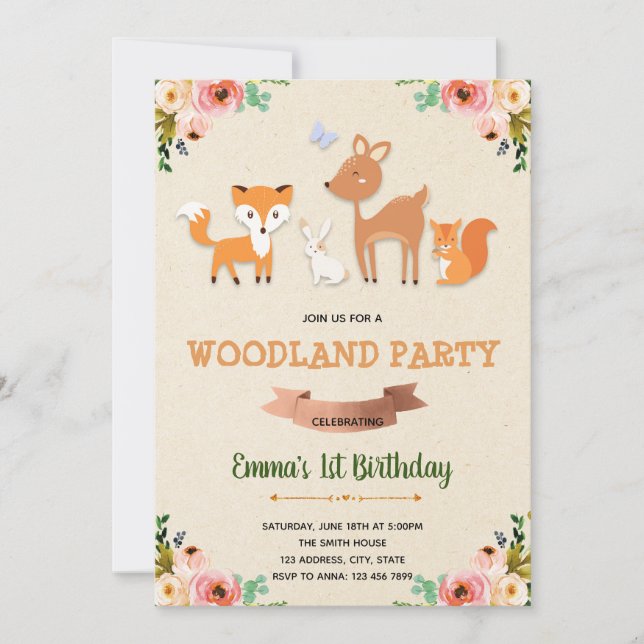 Tarjeta de invitación de cumpleaños Woodland (Anverso)