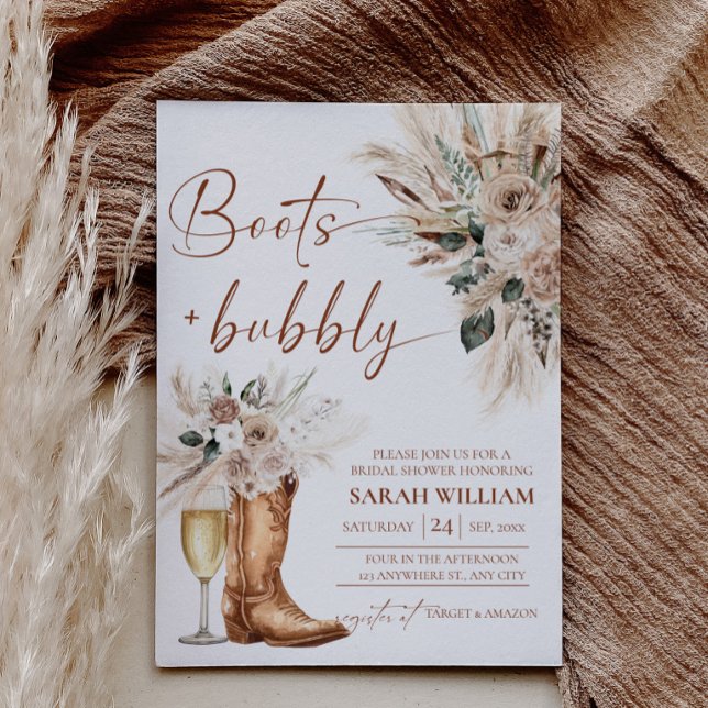 Tarjeta de Invitación de Despedida de Soltera Boot (Boots Bubbly Bridal Shower Invitation Card Western Cowgirl | Boho Wedding Shower)