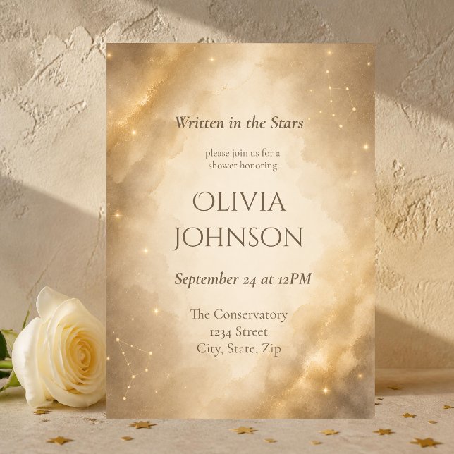 Tarjeta de Invitación de Despedida de Soltera Cele (Luxury ivory and gold celestial bridal shower invitation with elegant watercolor and gold stars.)