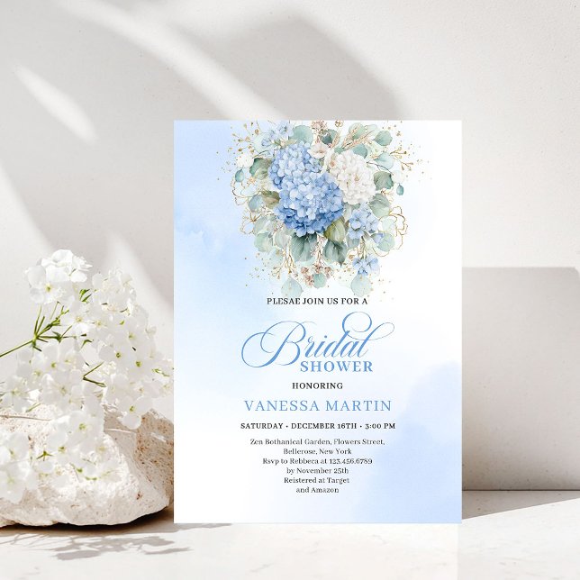 Tarjeta de Invitación de Despedida de Soltera con  (Elegant Blue Hydrangea Bridal Shower Invitation)