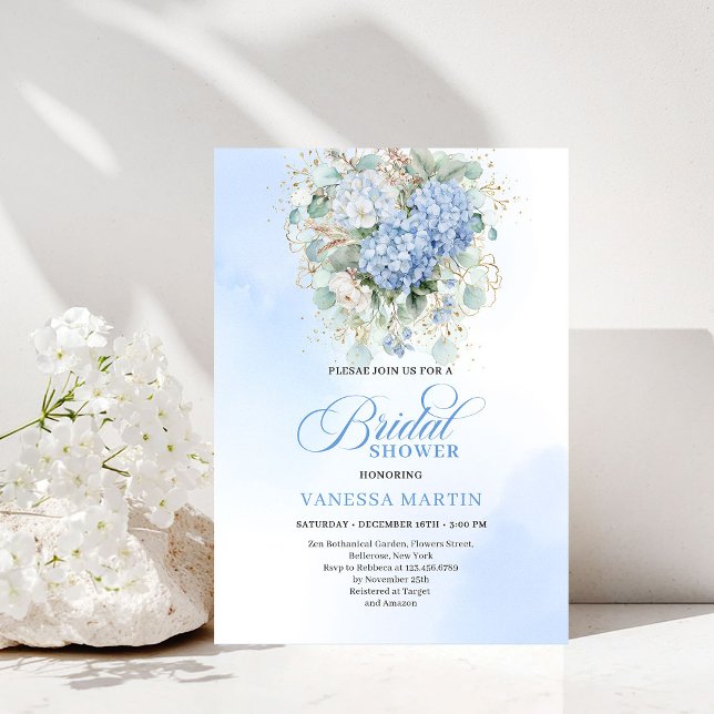 Tarjeta de Invitación de Despedida de Soltera con  (Sophisticated Blue Floral Bridal Shower Invitation)
