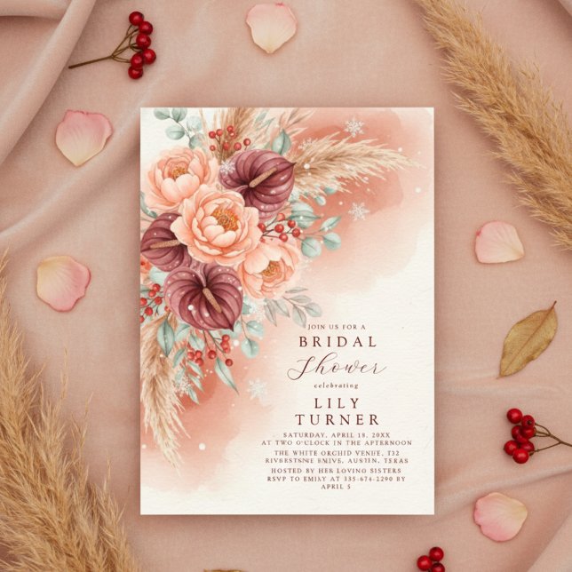 Tarjeta de Invitación de Despedida de Soltera Flor (Winter Pampas Floral Bridal Shower Invitation Card)