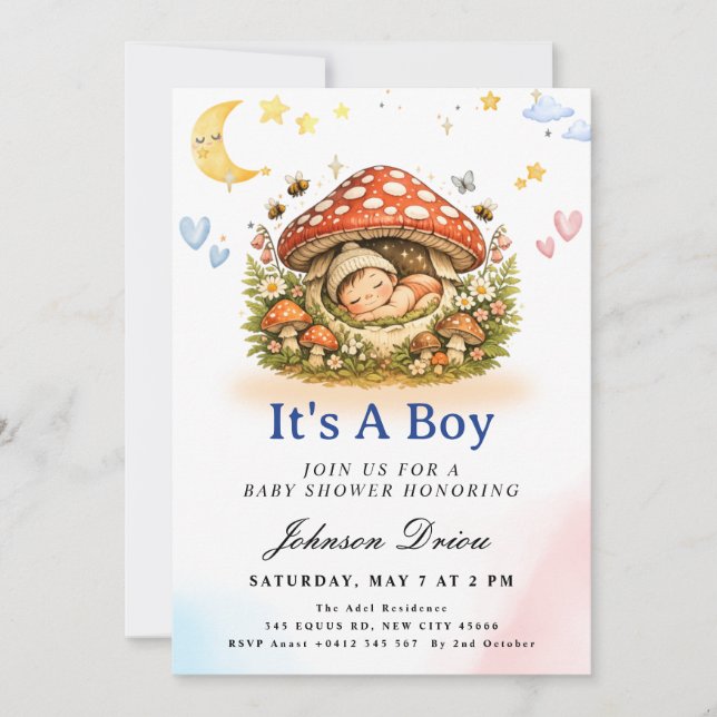 Tarjeta de Invitación de Ducha de Bebé Niño Hongo  (Anverso)