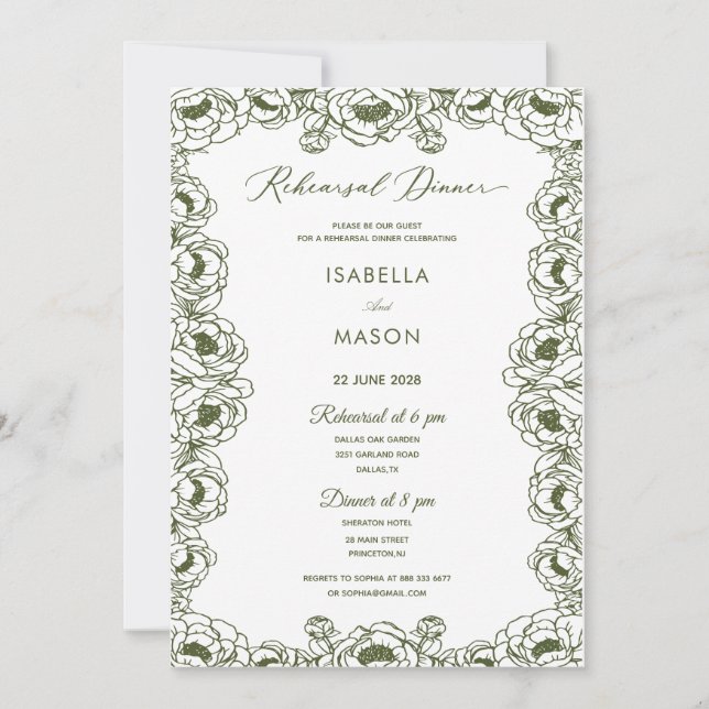 TARJETA DE INVITACIÓN DE ENSAYO DE BODAS CON FLORA (Anverso)