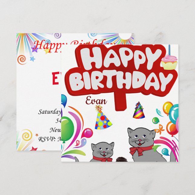 Tarjeta de Invitación de Feliz Cumpleaños Gatos (Anverso / Reverso)