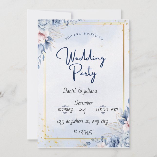Tarjeta de invitación de fiesta de boda Blue Gold  (Anverso)