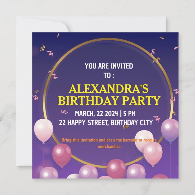 Tarjeta de invitación de fiesta de cumpleaños (Anverso)