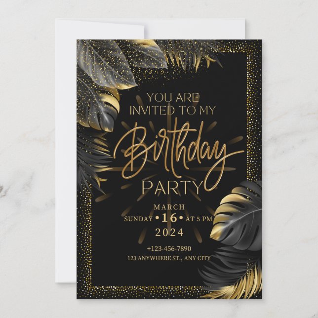 tarjeta de invitación de fiesta de cumpleaños negr (Anverso)