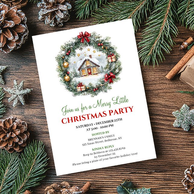 Tarjeta de Invitación de Fiesta de Escena de Vacac (Chic Red Green Holiday Scene Party Invitation Card)