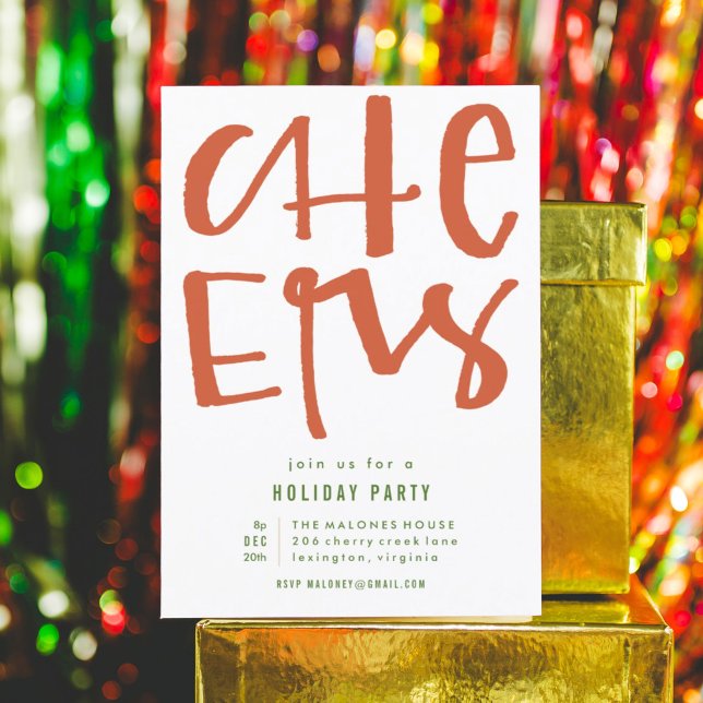 Tarjeta de invitación de fiesta de feriado de los  (Red hand lettered CHEERS holiday party invitation Christmas card.)