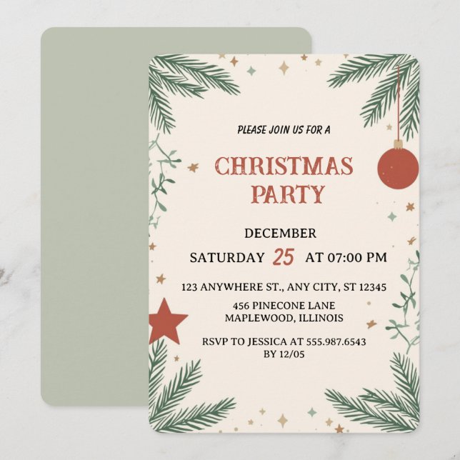 Tarjeta de Invitación de Fiesta de Navidad con Veg (Anverso / Reverso)