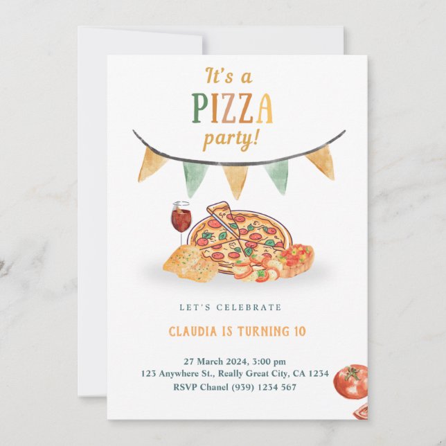 Tarjeta de invitación de fiesta de pizza moderna e (Anverso)