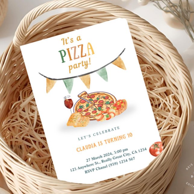 Tarjeta de Invitación de Fiesta de Pizza Moderna E (Watercolor Pizza Party Invitation)