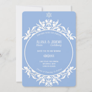 Tarjeta de invitación de filigrana azul y blanca