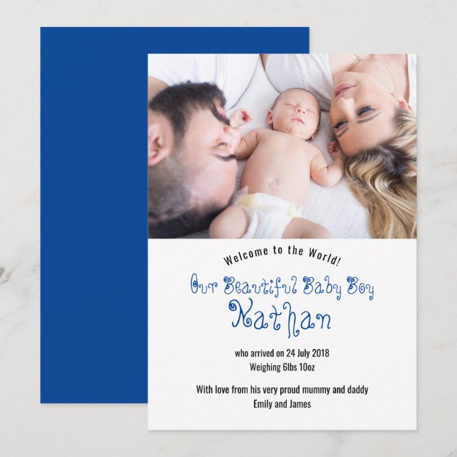 Tarjeta de Invitación de foto de Baby Boy de bienv (Anverso / Reverso)