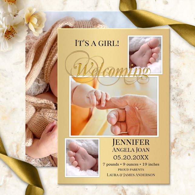 Tarjeta de Invitación de fotos de nacimiento de be (Modern birth announcement card with space for 4 of your own baby and family photos framed by gold)