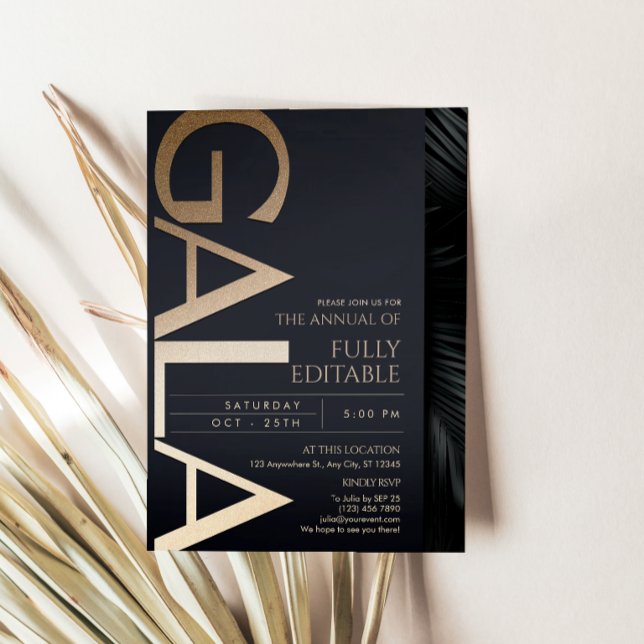 Tarjeta de Invitación de Gala Negra y Dorada Moder (Modern Black and Gold Gala Invitation Card Template)