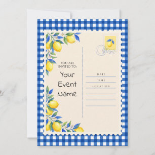 Tarjeta de Invitación de Gingham Azul y Limón Amar
