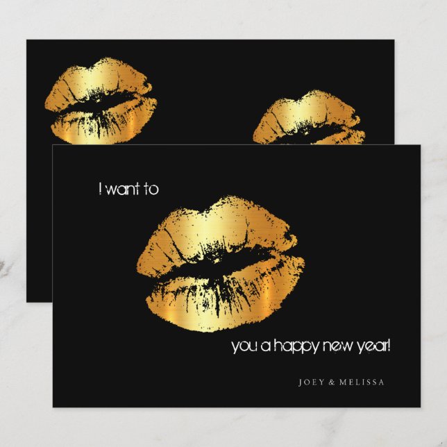 Tarjeta de invitación de Golden lips para Año Nuev (Anverso / Reverso)