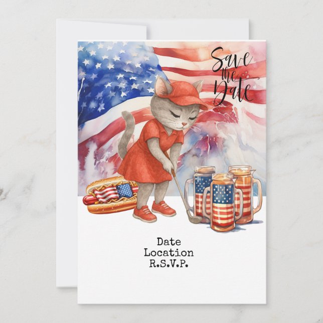 Tarjeta de invitación de Golf 4 de julio para gato (Anverso)