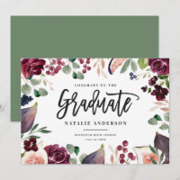 Tarjeta de invitación de grado floral rosa burdeos