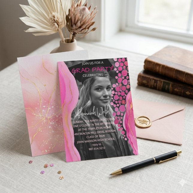 Tarjeta de Invitación de Graduación de Mármol Rosa (Subido por el creador)