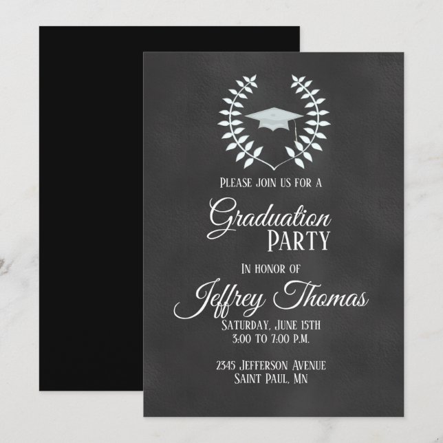 Tarjeta de Invitación de Graduación Gorra y Hojas  (Anverso / Reverso)