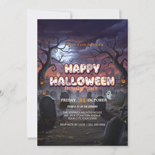 Tarjeta de invitación de Halloween para cementerio (Anverso)