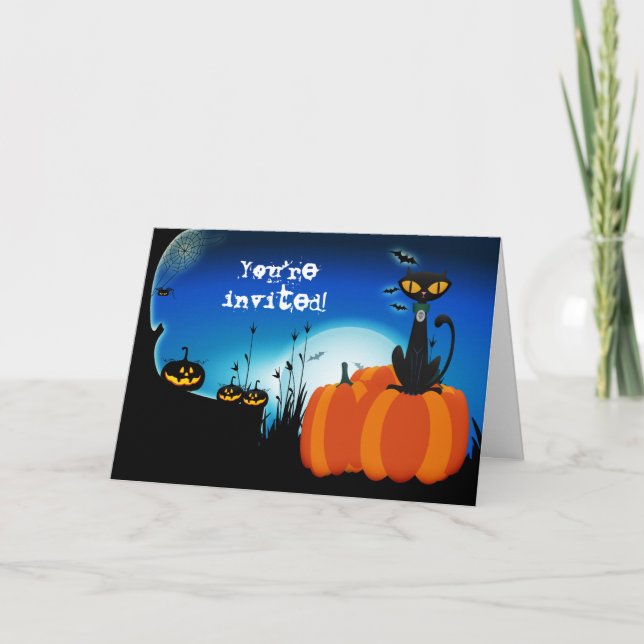 Tarjeta de invitación de Halloween para gato negro (Anverso)