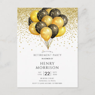 Tarjeta de invitación de jubilación en negro, oro 