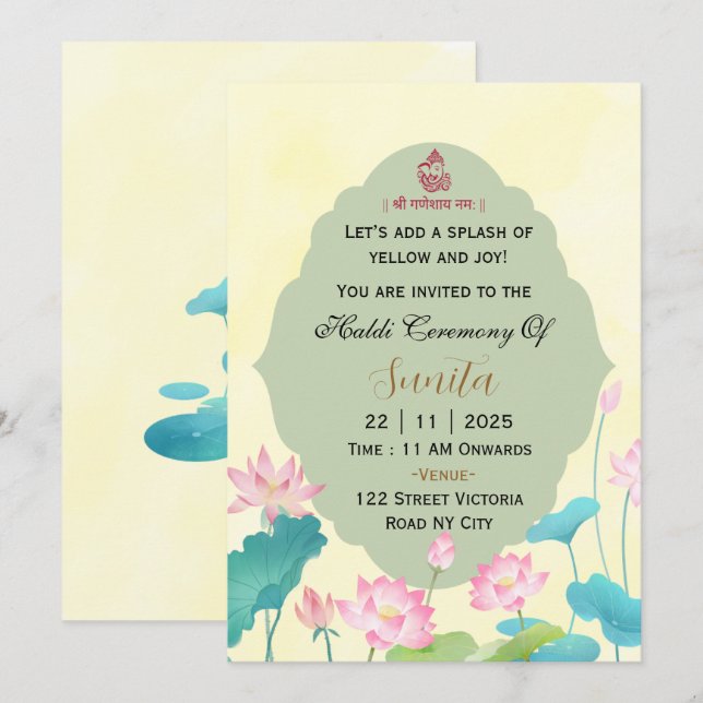 Tarjeta de Invitación de la Ceremonia Haldi de Bod (Anverso / Reverso)