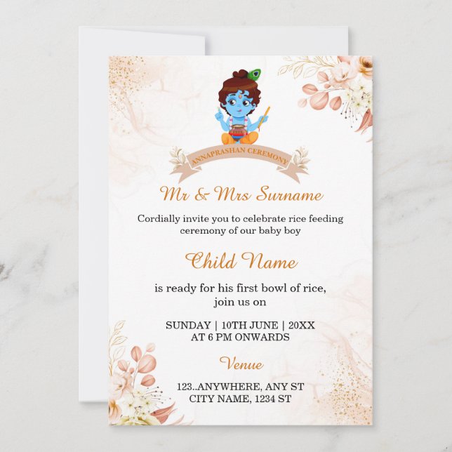 Tarjeta de invitación de Little Krishna Annaprasha (Anverso)