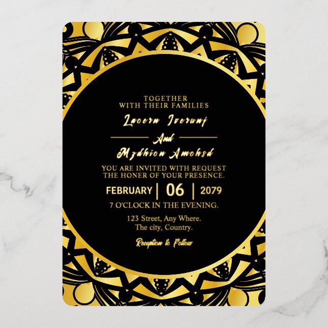 Tarjeta de invitación de lujo dorado para boda con (Anverso)