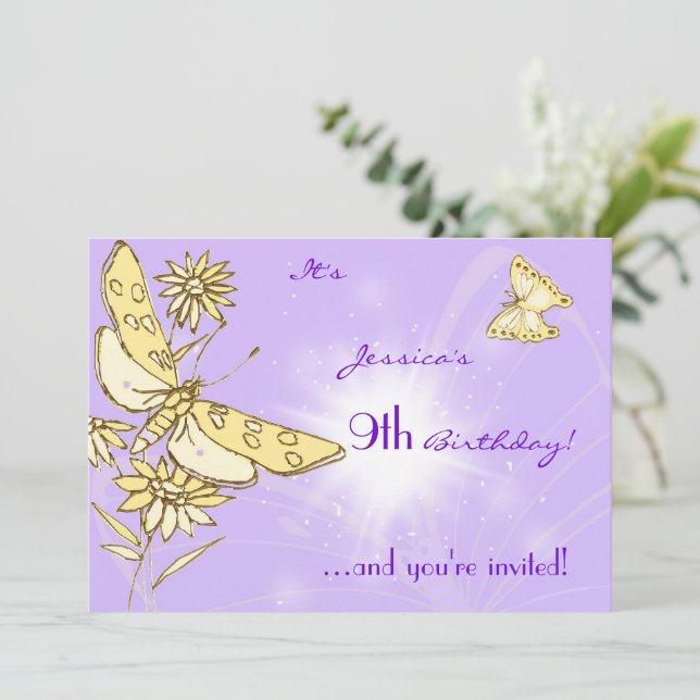 Tarjeta de Invitación de Mariposa Melocotón Púrpur (Anverso de pie)
