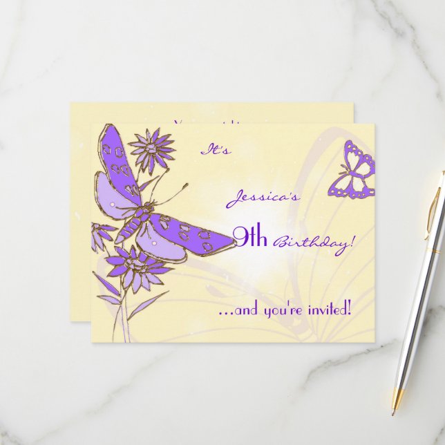 Tarjeta de Invitación de Mariposa Morada Melocotón (Anverso/Reverso In Situ)
