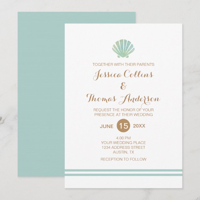 Tarjeta de invitación de matrimonio acuático Shell (Anverso / Reverso)
