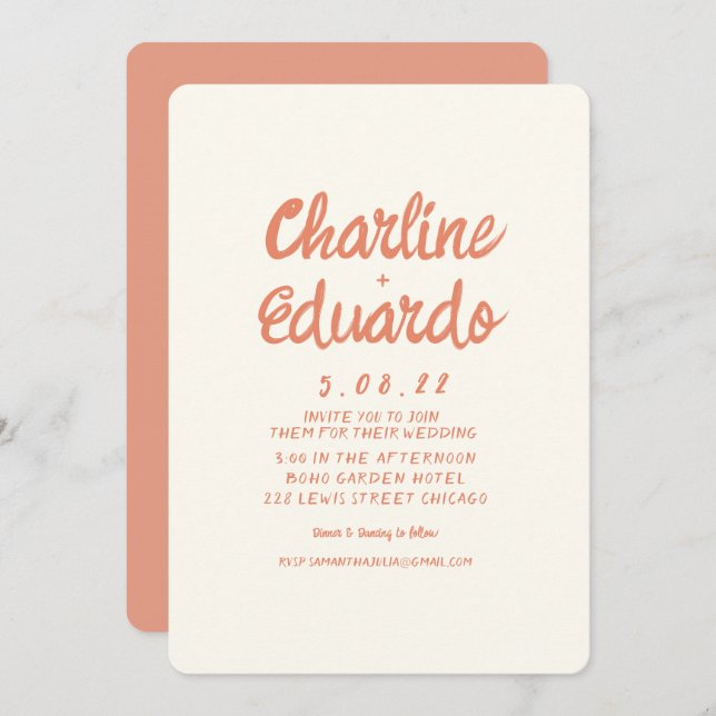 Tarjeta de invitación de matrimonio simple retro p (Anverso / Reverso)