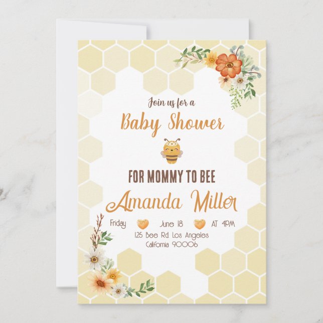 Tarjeta de invitación de Mommy to Bee Baby Shower (Anverso)