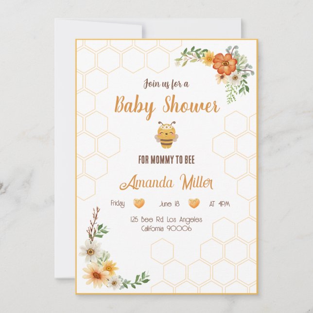 Tarjeta de invitación de Mommy to Bee Baby Shower (Anverso)