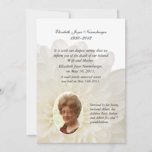 Tarjeta de Invitación de muerte de foto de Floral  (Anverso)