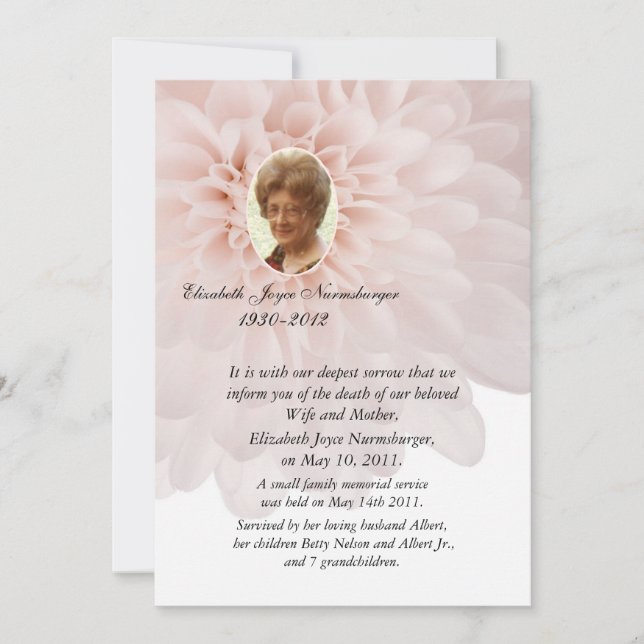 Tarjeta de Invitación de muerte de foto floral ros (Anverso)