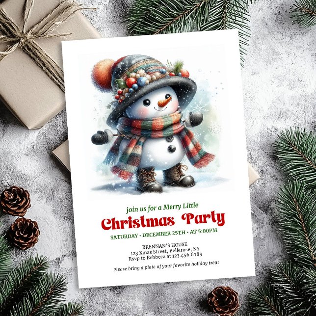 Tarjeta de invitación de muñeco de nieve de dibujo (Traditional cartoon snowman party invite joyful printable

)