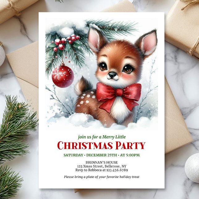 Tarjeta de invitación de Navidad con ciervo bebé a (Cute baby deer watercolor Christmas kids invite digital download)