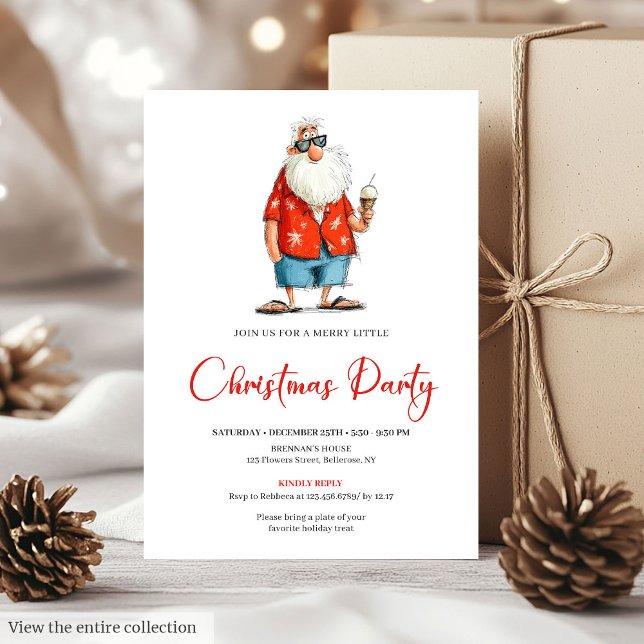 Tarjeta de Invitación de Navidad con Papá Noel Acu (Quirky Watercolor Santa Funny Christmas Invitation)