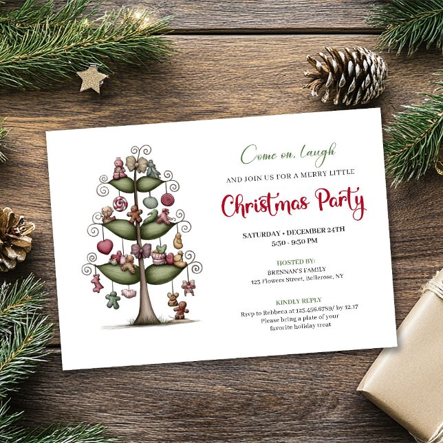 Tarjeta de invitación de Navidad de árbol de dibuj (Funny cartoon tree editable Christmas invitation)