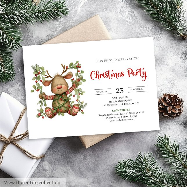 Tarjeta de invitación de Navidad moderna y chic co (Quirky Reindeer modern chic Christmas invitation)